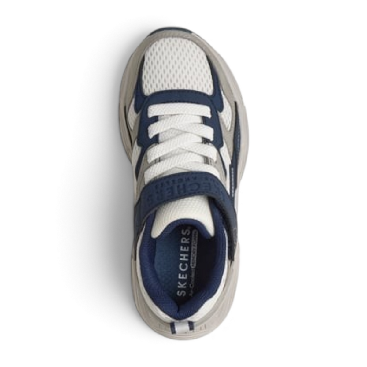 FRG MEGA-QUAKE SEISMOTECH kids sneaker in white and navy mesh with velcro strap and memory foam insole