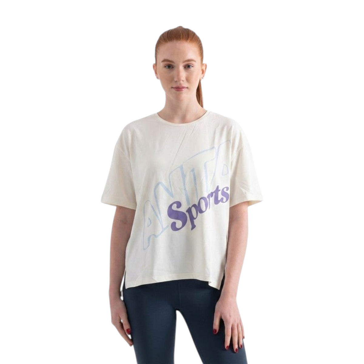 FRG off-white oversized athletic t-shirt with purple cursive Sports graphic and light-blue details on a model
