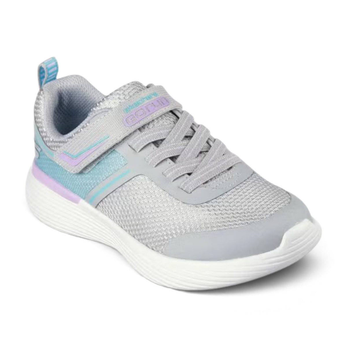 FRG GO RUN 400 V2 kids running shoe in grey and light blue with mesh upper, hook-and-loop strap, and white sole
