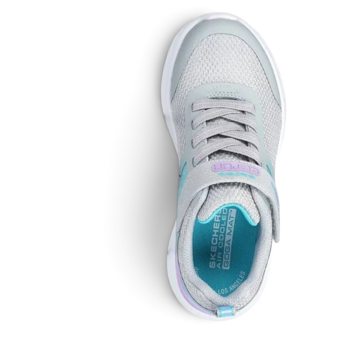 FRG GO RUN 400 V2 grey mesh running shoe with white sole, hook-and-loop strap, and blue interior detailing