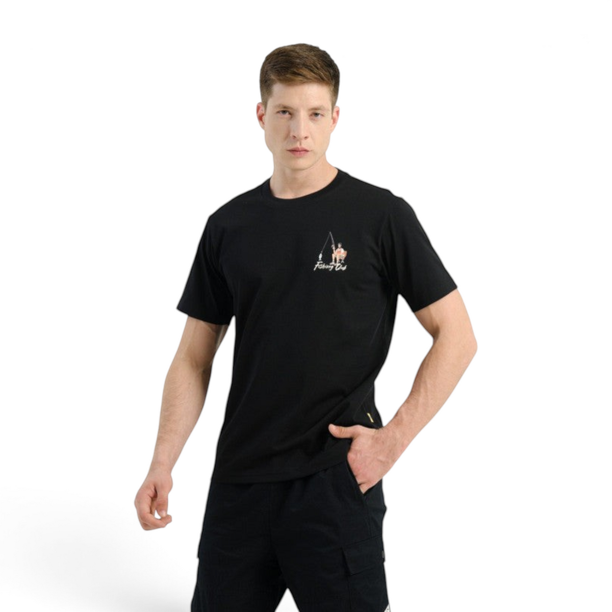 FRG ANTA FISHING CLUB black short-sleeve graphic t-shirt worn by a man, featuring a small chest print design.