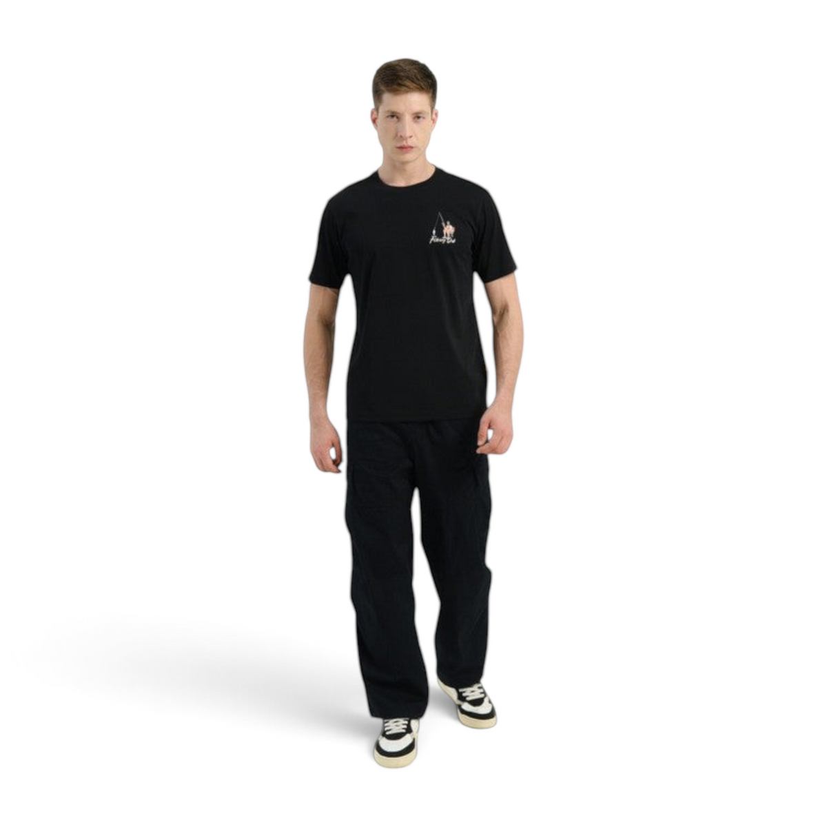 FRG ANTA FISHING CLUB black short-sleeve graphic t-shirt worn by a man with dark cargo pants and sneakers