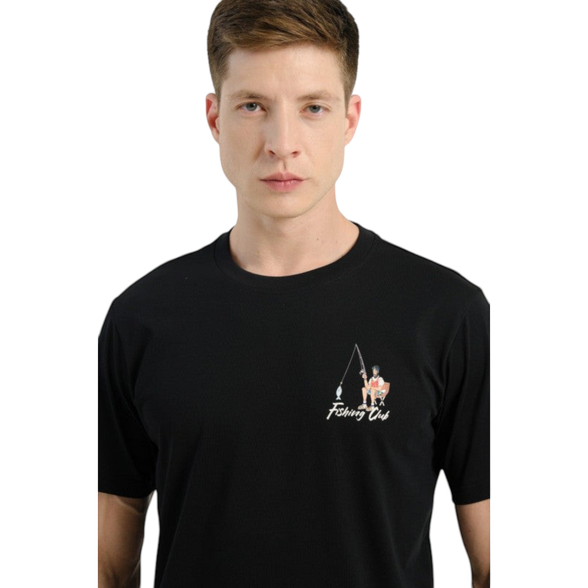 FRG ANTA FISHING CLUB black short-sleeve graphic t-shirt worn by a man with a small fishing illustration on chest