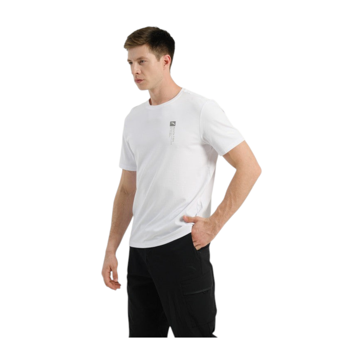 A man wearing a white FRG ANTA TRN short-sleeve training tee with a small logo on the chest against a plain background