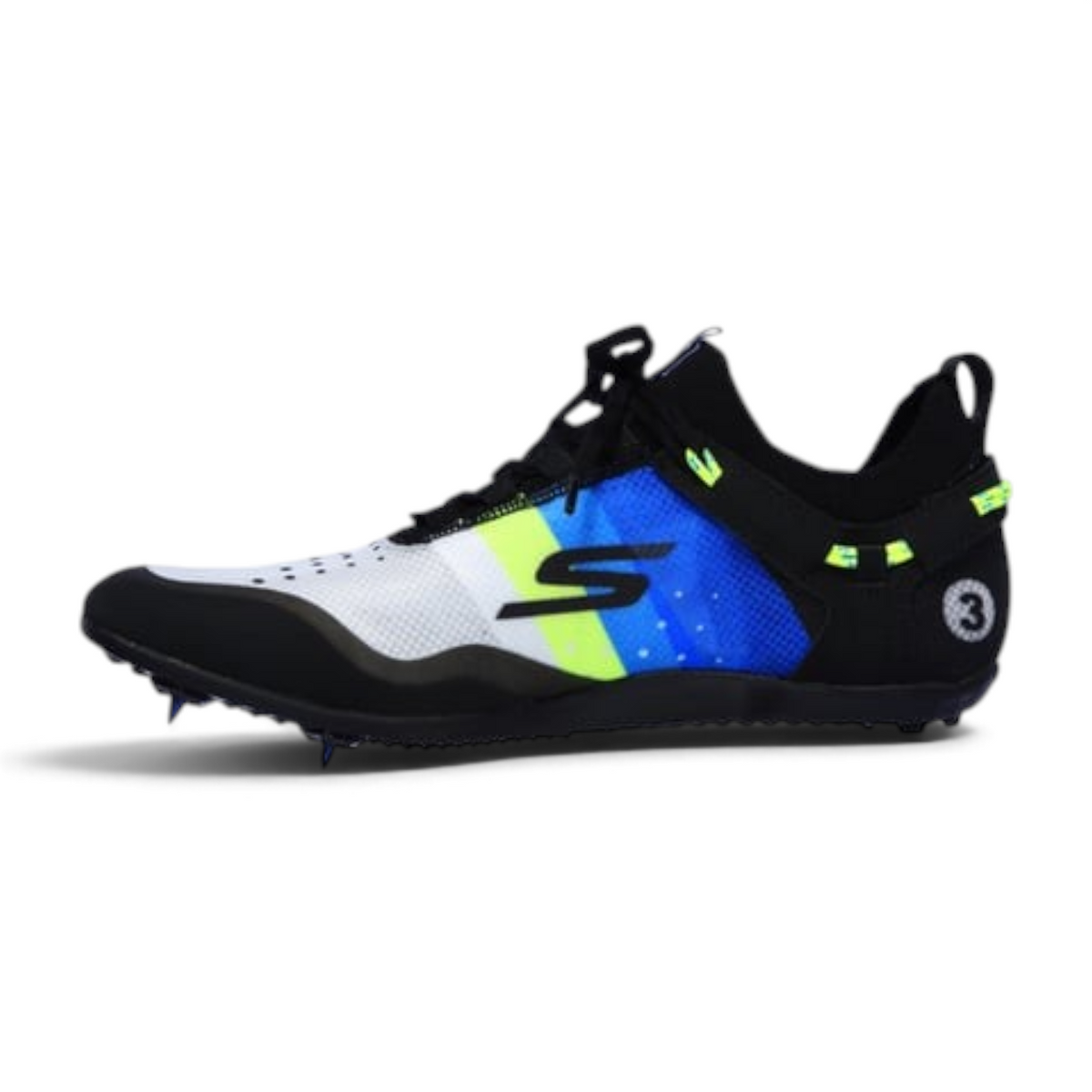 FRG SPEED XC - S racing flat with breathable white, blue, and neon yellow TPU mesh upper and aluminum spikes