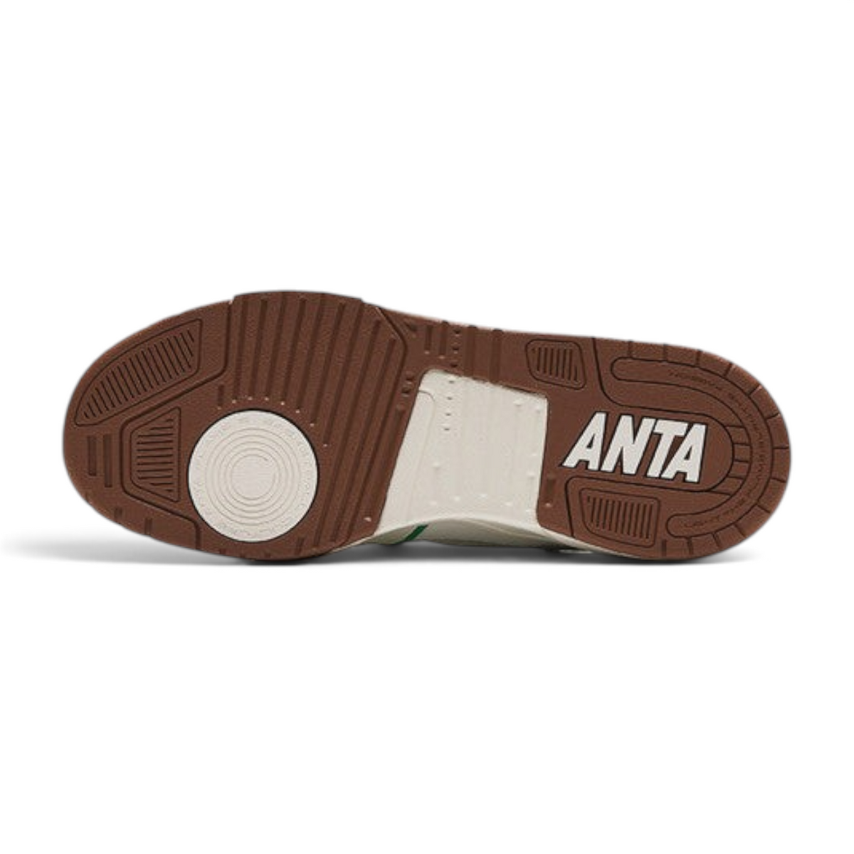 FRG Anta X-Game Flame 5.0 sneaker showing the brown rubber outsole with textured grip and white Anta branding