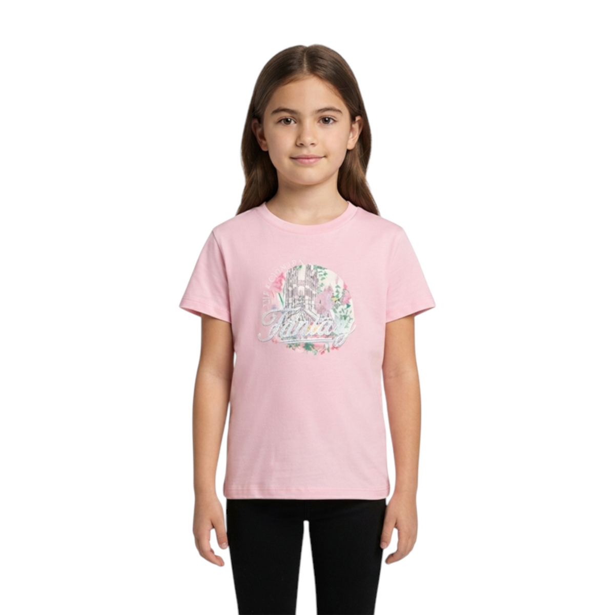 FRG ANTA big kids pink cotton short sleeve t-shirt with floral graphic print worn by a young girl