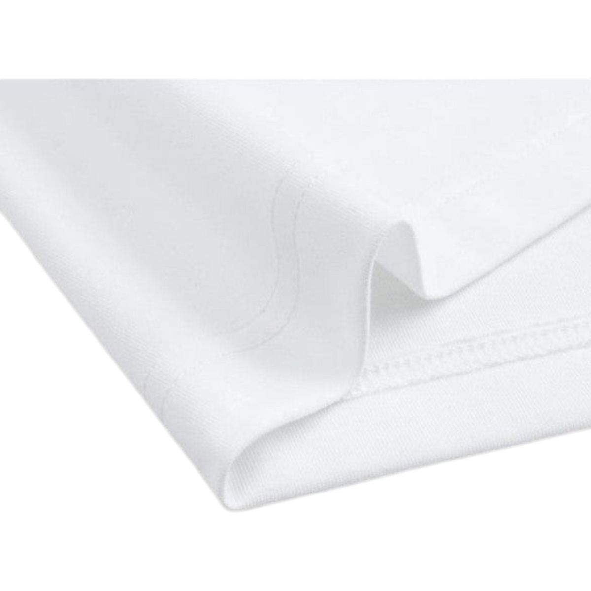 Close-up of the hem on a white FRG ANTA Lifestyle short sleeve t-shirt made from a soft cotton blend fabric.