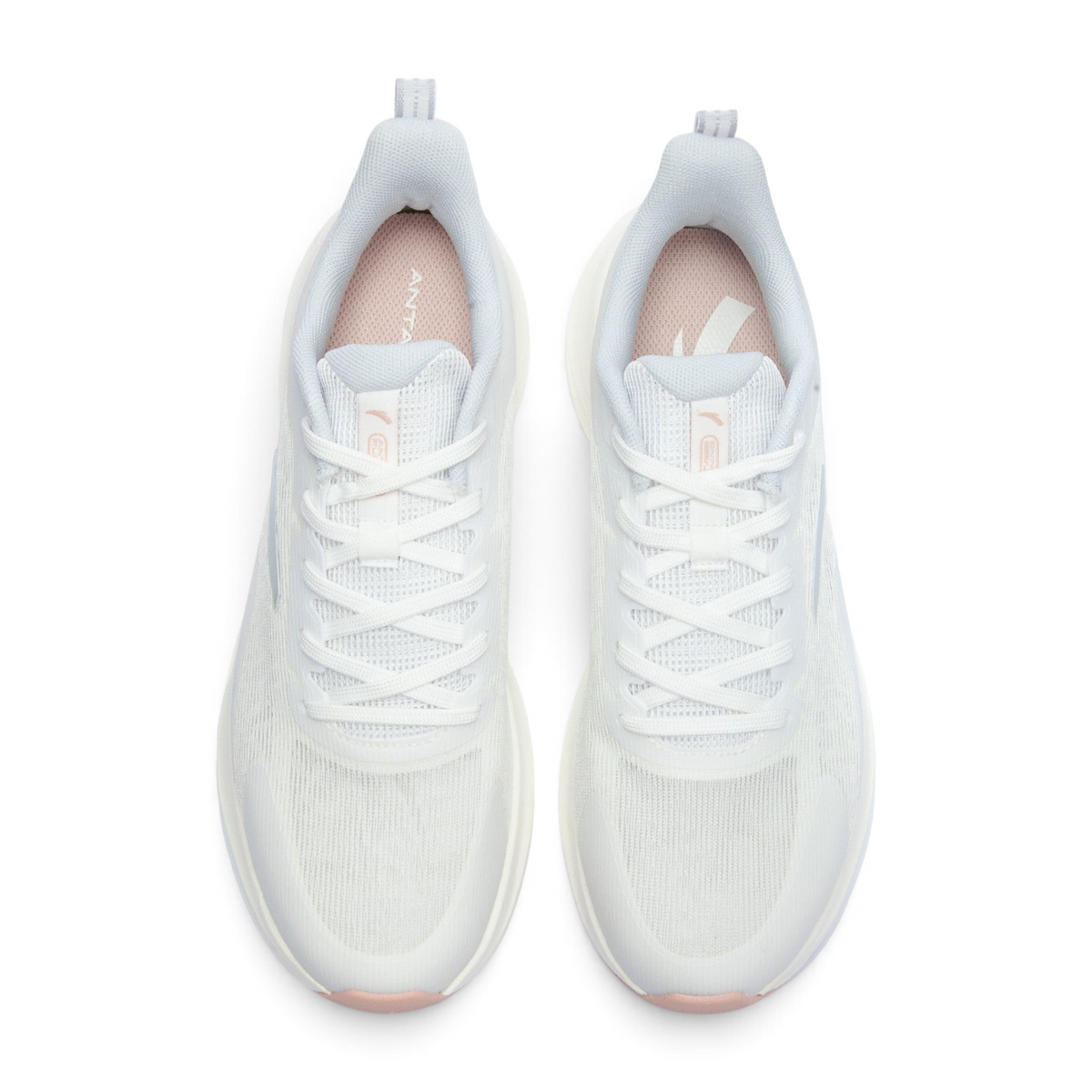 FRG white lightweight running shoes with mesh upper and soft pink accents, top-down view