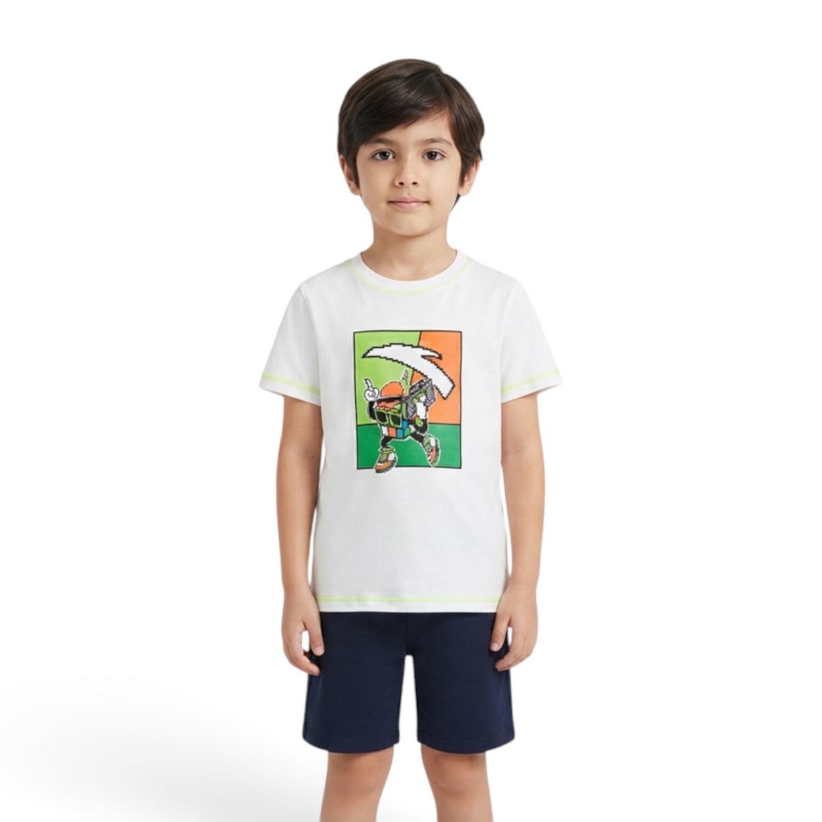 FRG ANTA little kid wearing a pure white short sleeve cotton crew neck t-shirt with a colorful graphic print