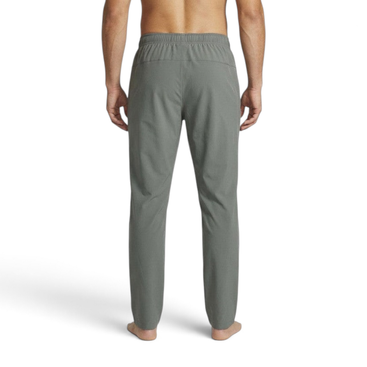 FRG ANTA grey woven ankle pants on a male model, back view showing athletic fit and elastic waistband.