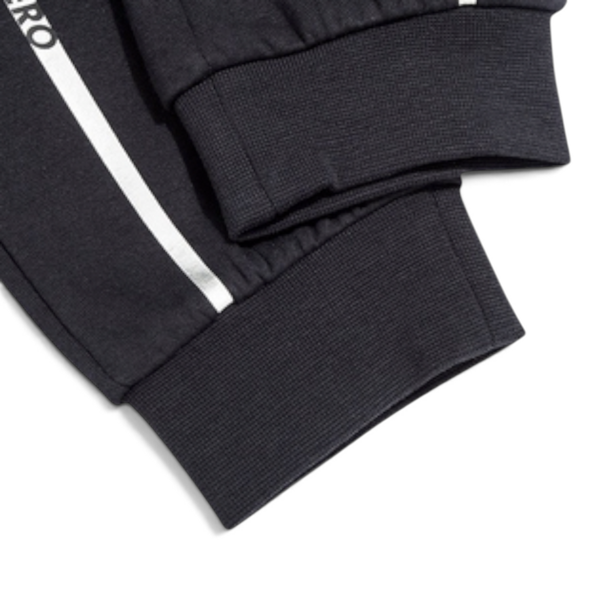 FRG ANTA black knit track pants with ribbed cuffs and white side stripe detail for active wear