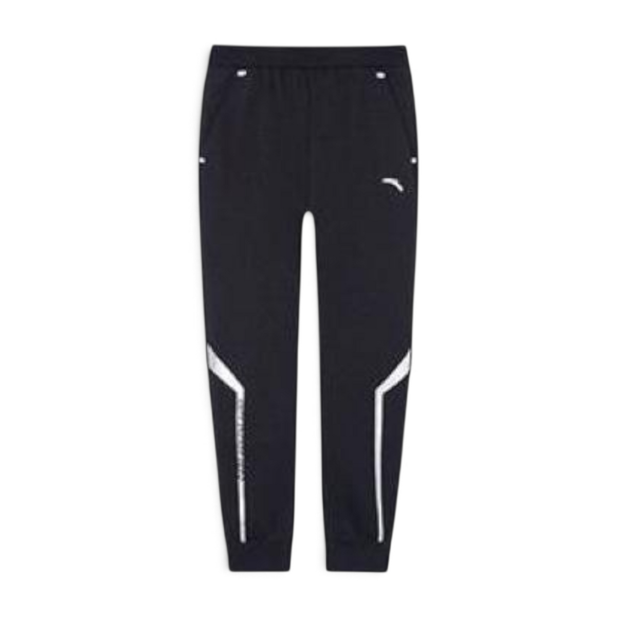 FRG ANTA black knit running track pants with white athletic side detailing and elastic cuffs for active wear.