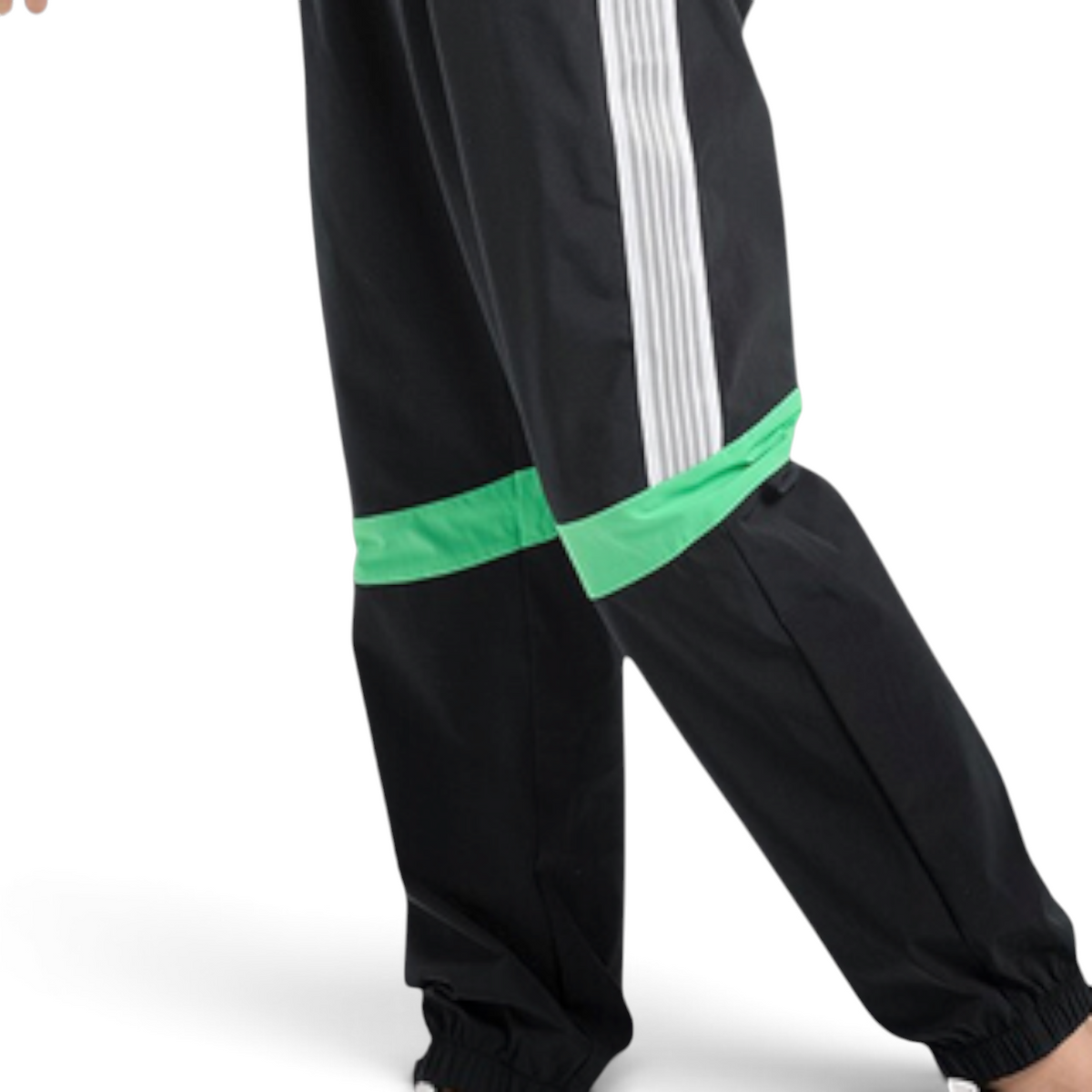 FRG ANTA black woven track pants with green horizontal stripe and white side panel for active wear
