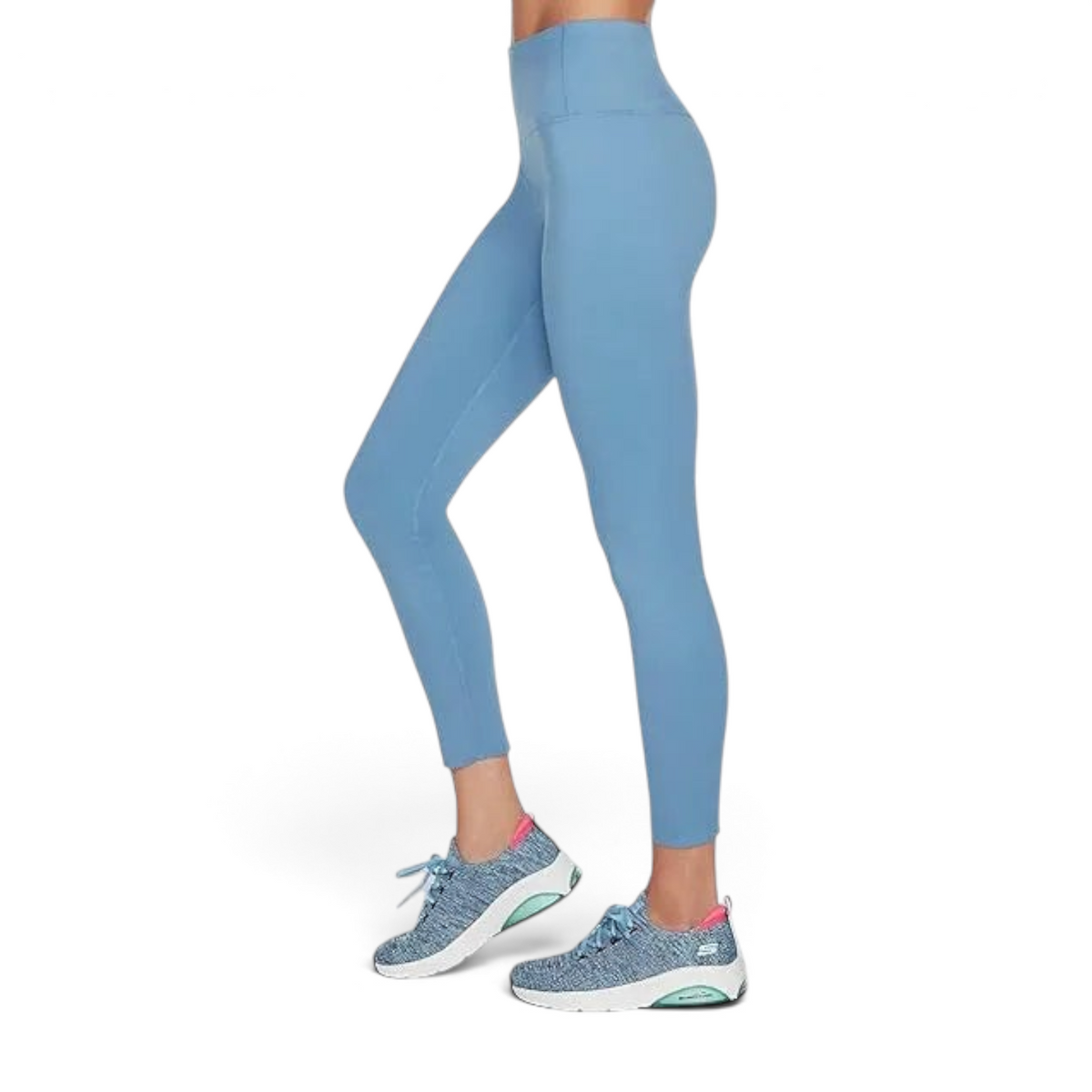 FRG light blue high-waisted 7/8 leggings with a scalloped front hem detail worn by a model in athletic sneakers.