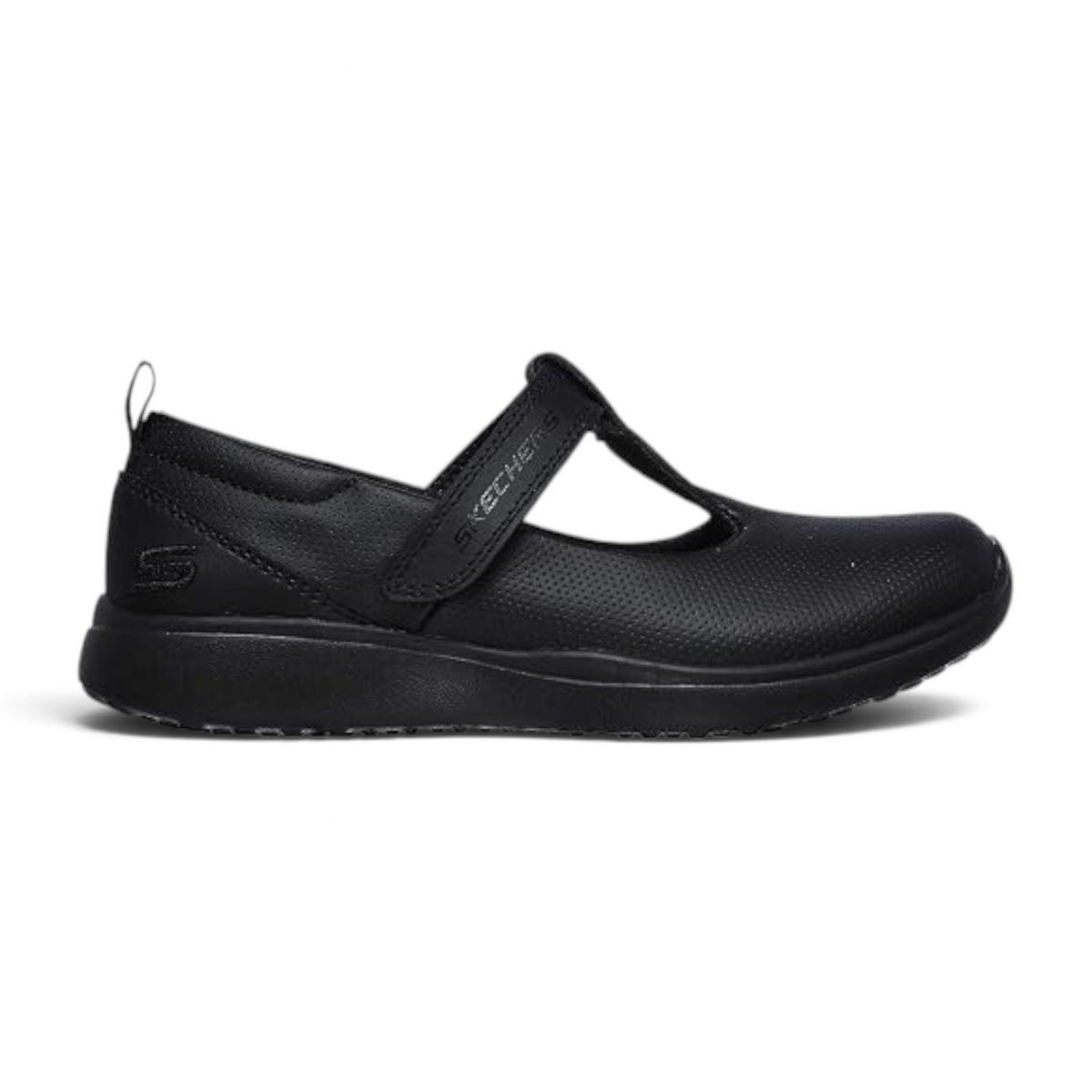 FRG Skechers Microstrides Miss Preppy black girls sneaker with hook and loop strap and perforated synthetic upper