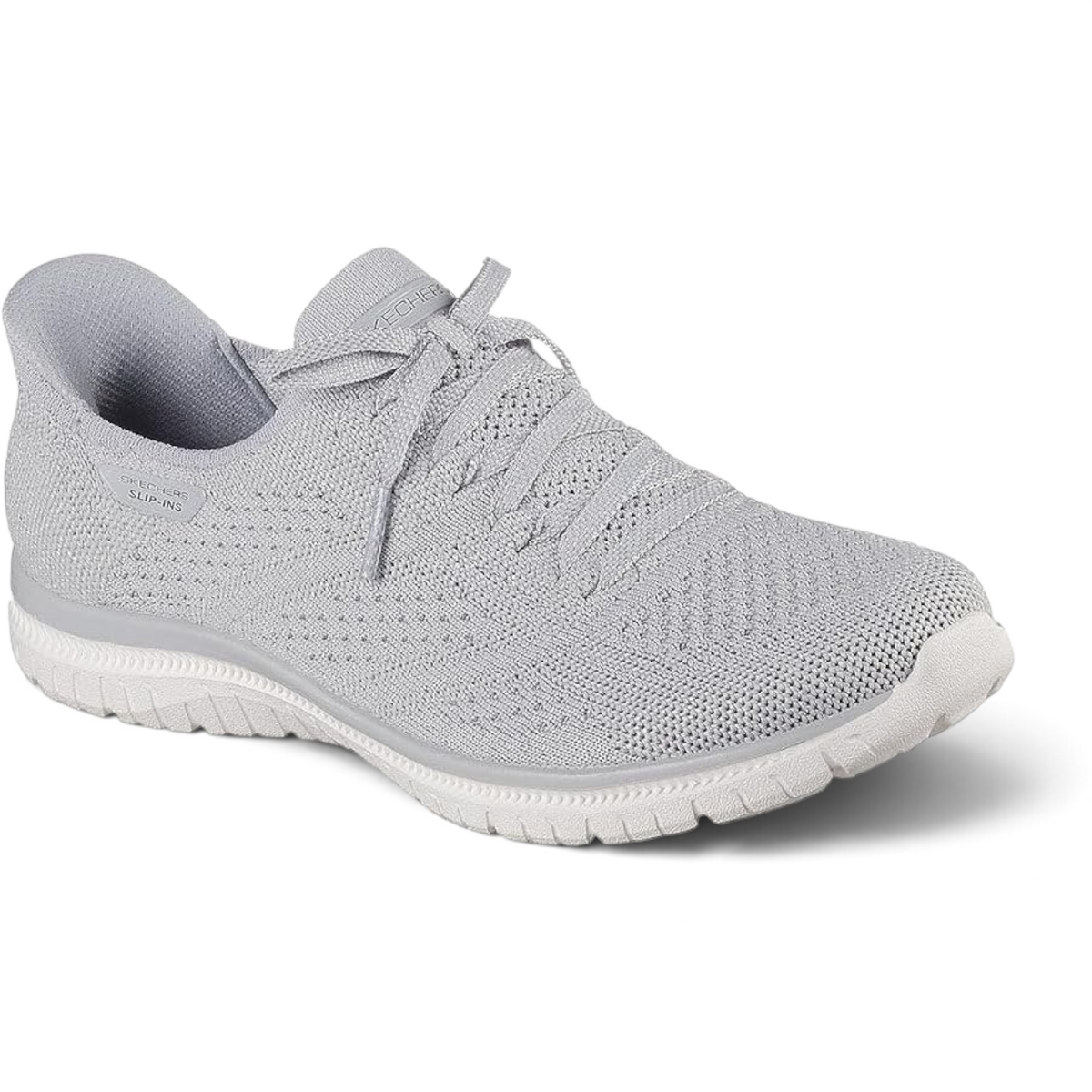 FRG Skechers Virtue Flawless gray slip-on sneakers with a flexible knit upper and cushioned white sole