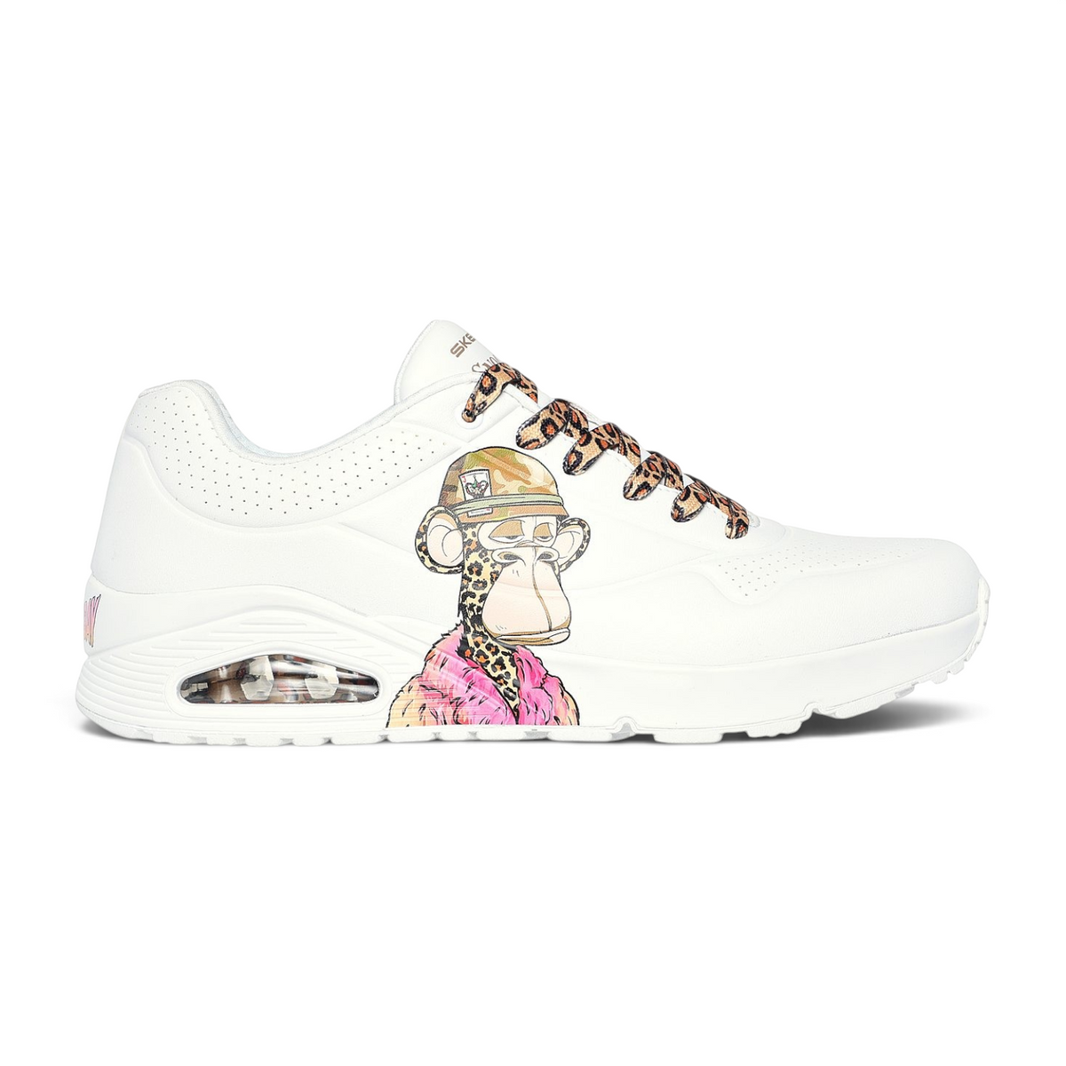 FRG UNO Dr. Bombay white sneaker featuring a monkey character graphic, leopard print laces, and air-cushioned sole.