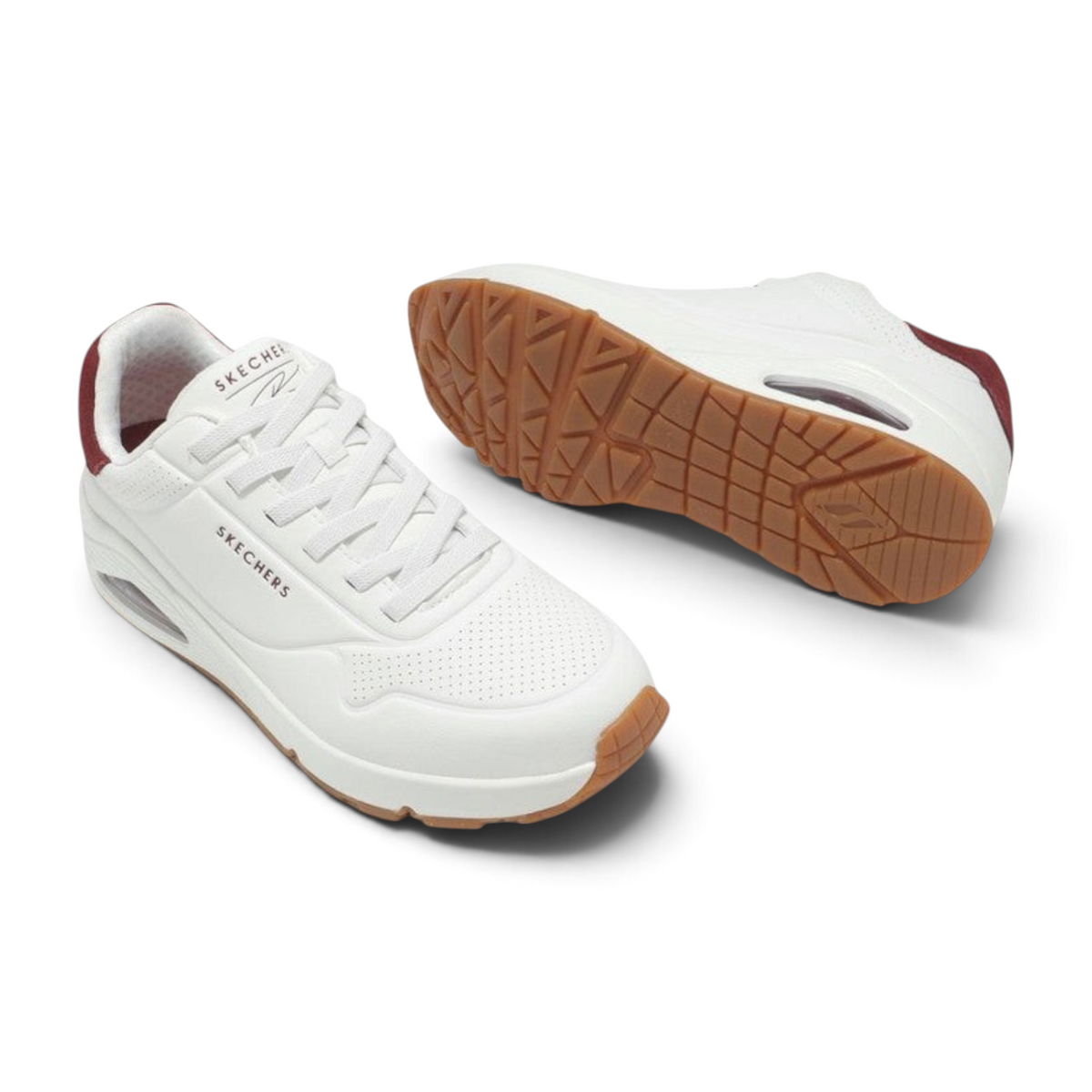 FRG Skechers Uno Retro One sneakers in white durabuck with burgundy accents and a gum rubber air-cushioned sole.