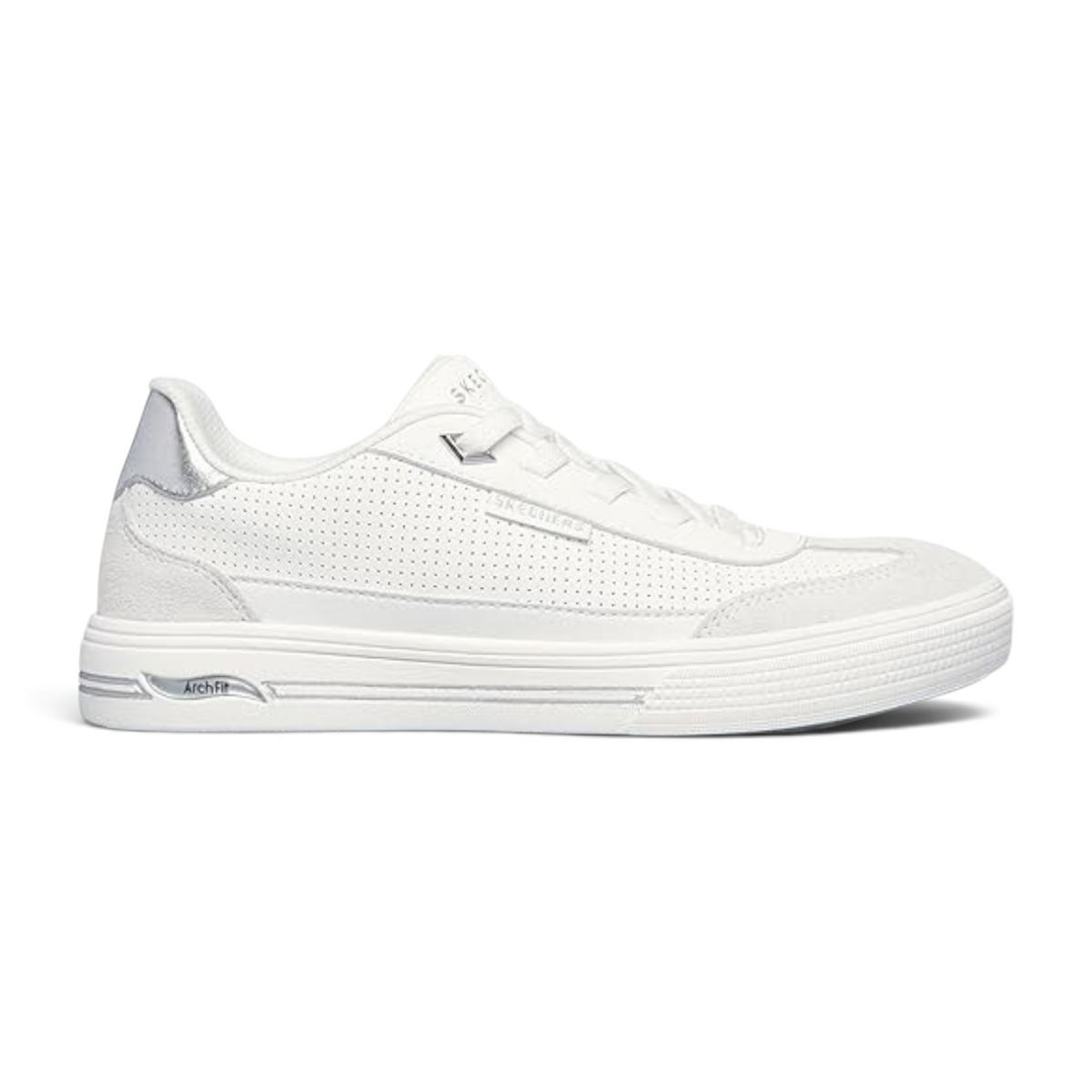 FRG Skechers Arch Fit Arcade Diamond Daze white slip-on sneakers with perforated leather and silver heel detail