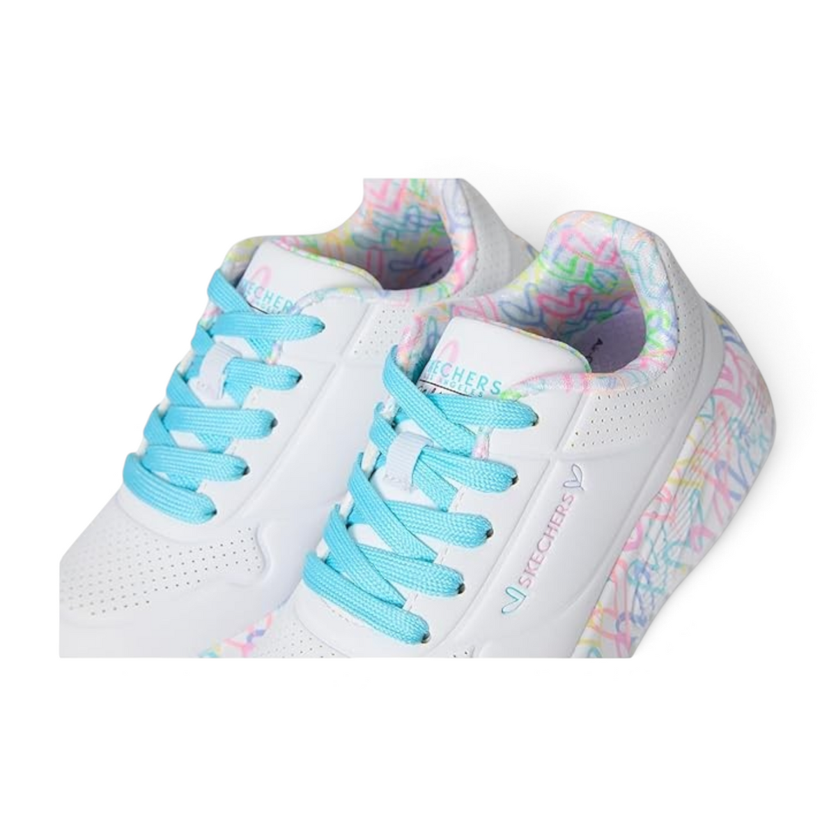 FRG Skechers x JGoldcrown Uno Lite white sneakers with turquoise laces and colorful heart print details