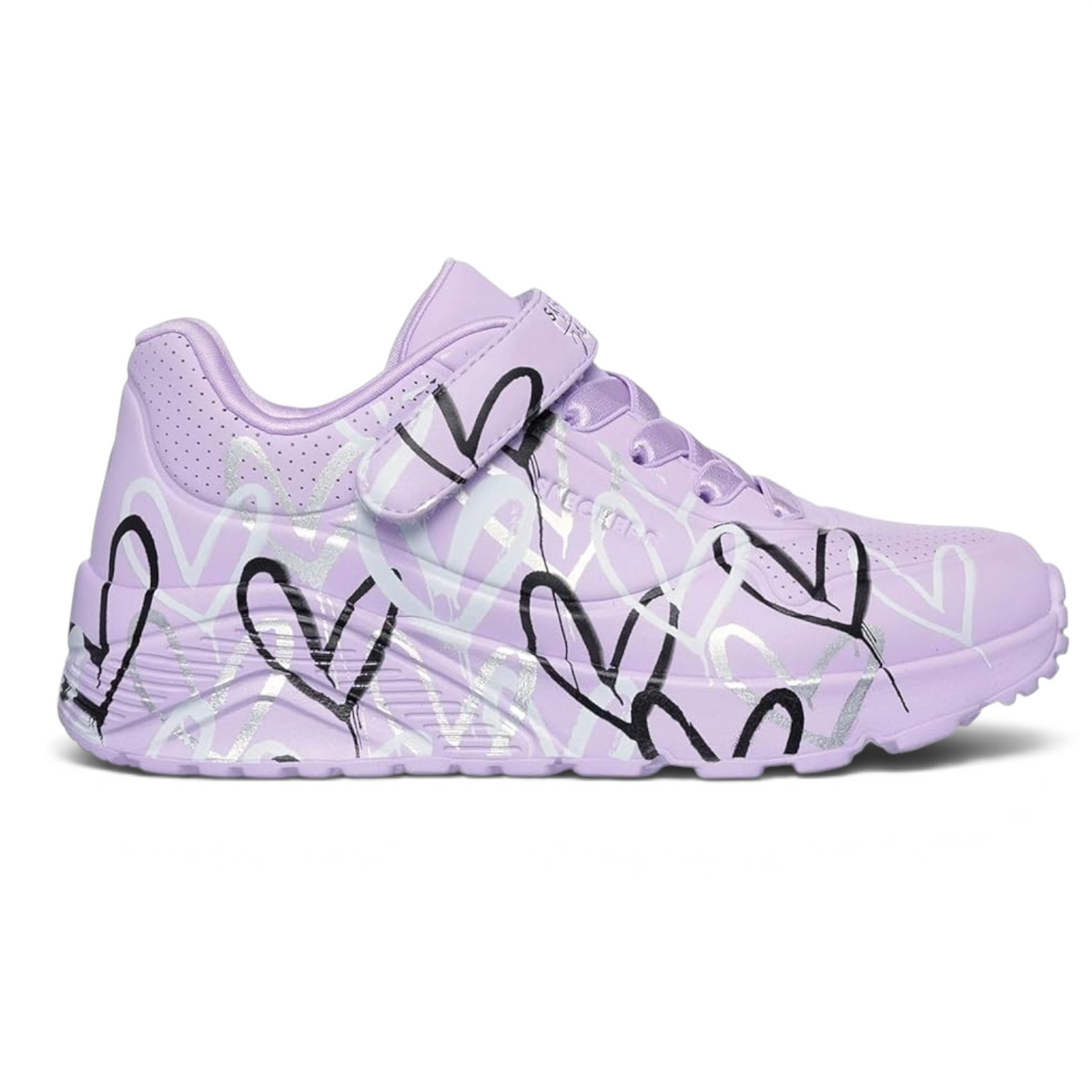 FRG Skechers x JGoldcrown kids' lavender wedge sneaker with signature drip-heart graffiti print and velcro strap