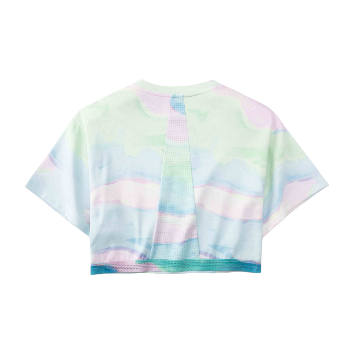 Back view of a FRG short sleeve crop top featuring a pastel watercolor print and a breathable mesh back panel.