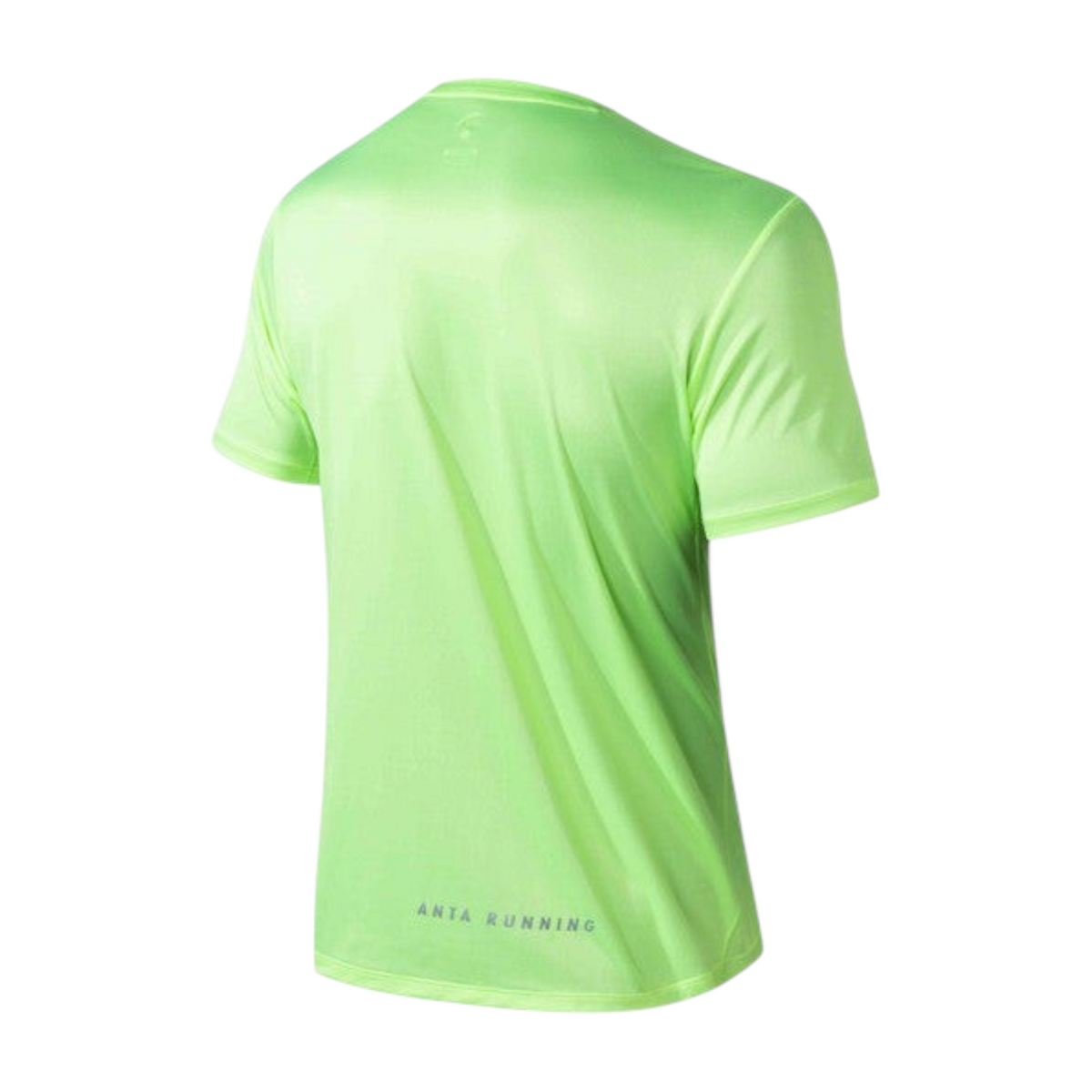 Back view of a fluorescent green ANTA short sleeve running shirt with moisture-wicking fabric and reflective logo.