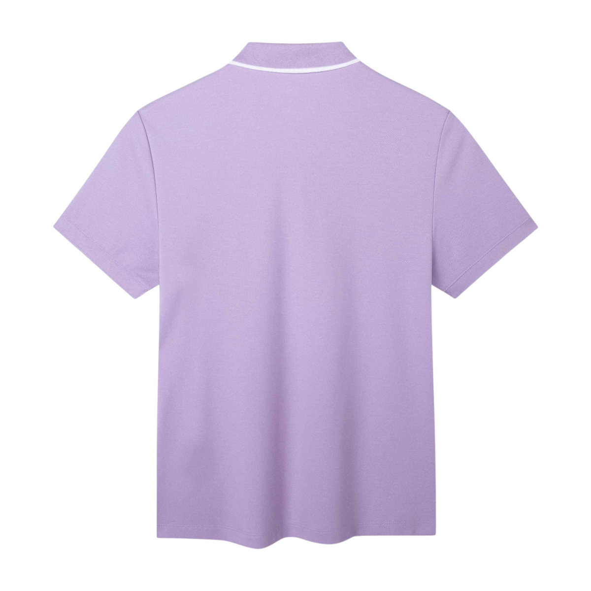 Back view of a light purple FRG short sleeve polo shirt with a white collar trim detail.