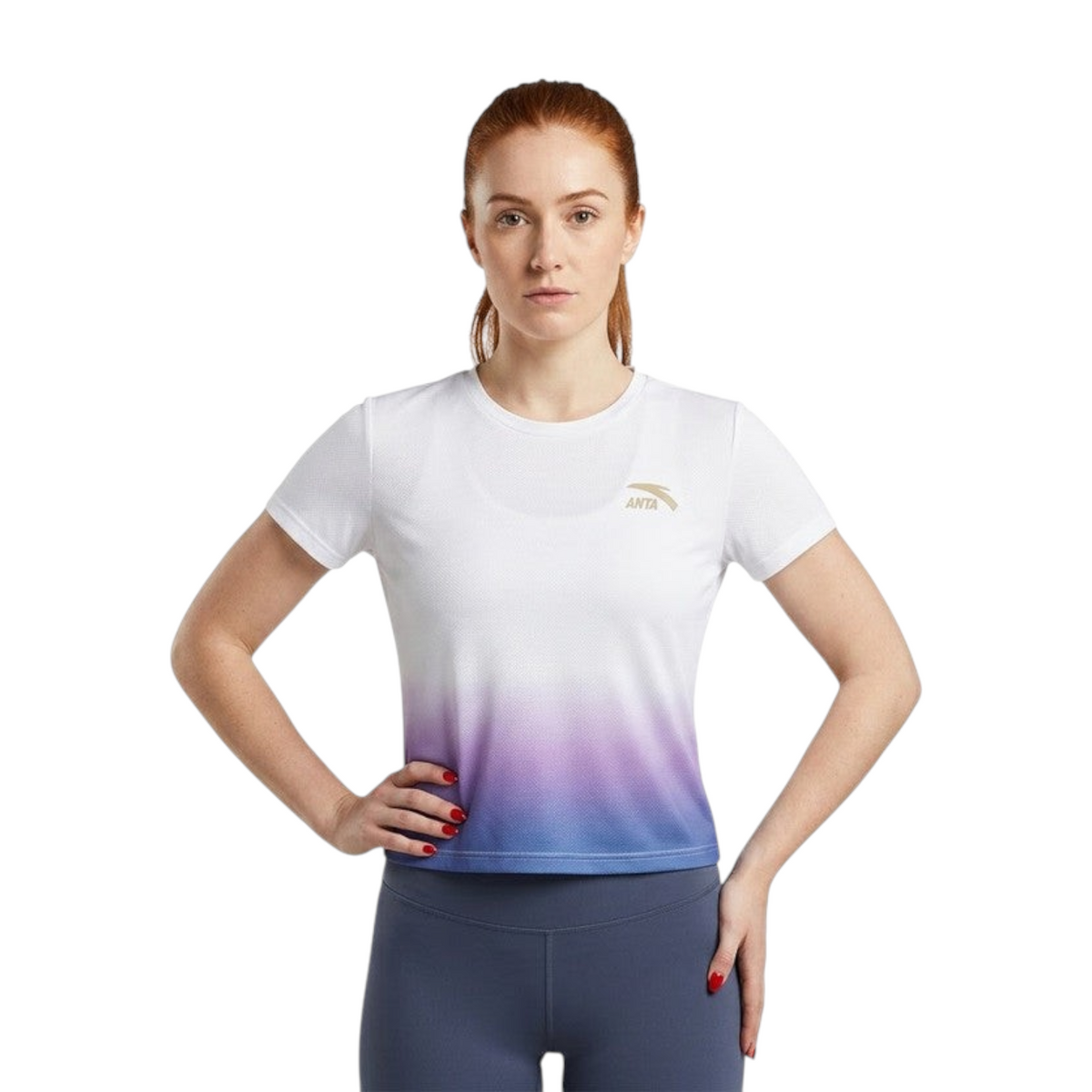 FRG ANTA women's performance t-shirt in white with a purple-to-blue ombré hem and gold logo, made of technical mesh.