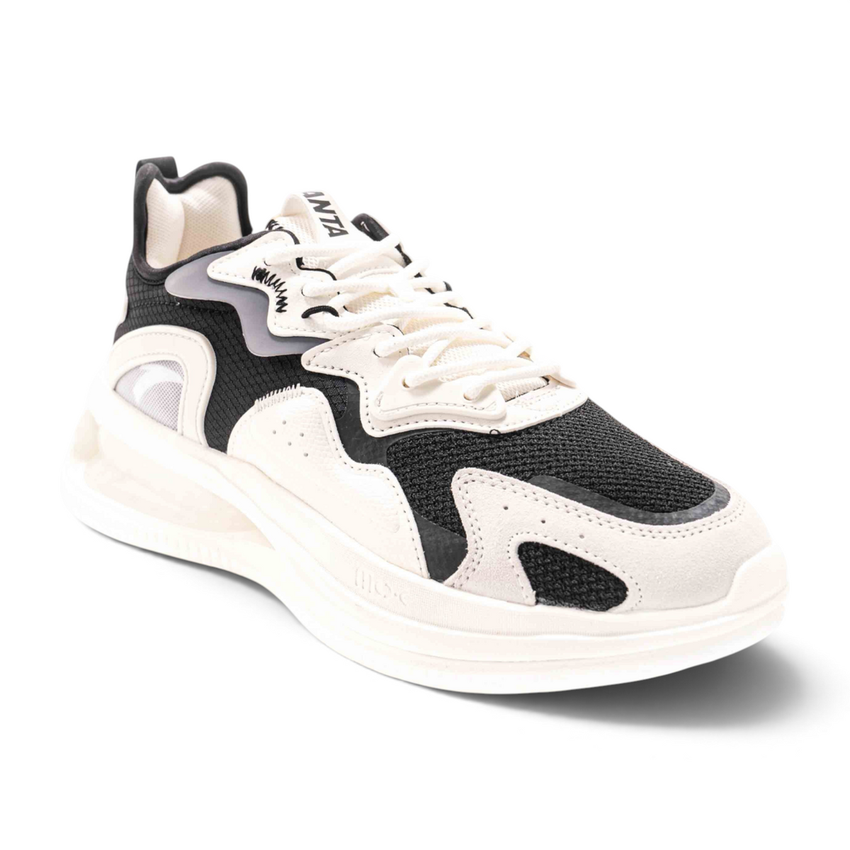 FRG casual shoes in black and white with a mesh and suede layered design and a thick cushioned sole