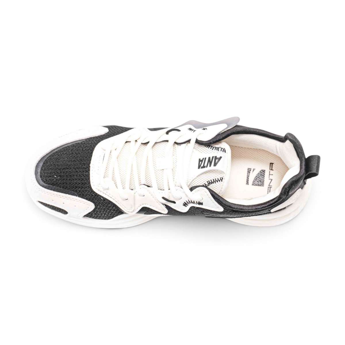 FRG casual shoes in black and white featuring a mesh upper and chunky sole design viewed from above