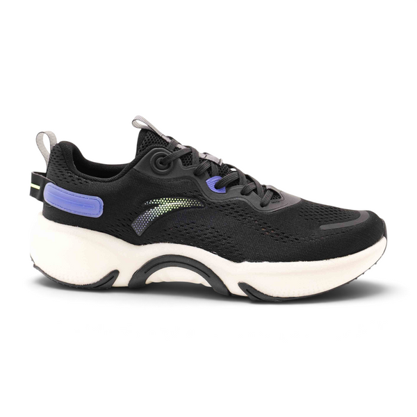 FRG men's black running shoes with breathable mesh upper, thick white cushioned sole, and purple accent details.