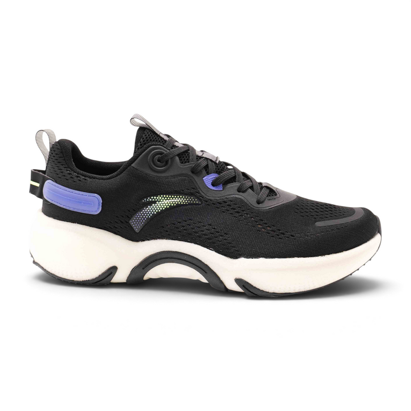 FRG men's black running shoes with breathable mesh upper, thick white cushioned sole, and purple accent details.