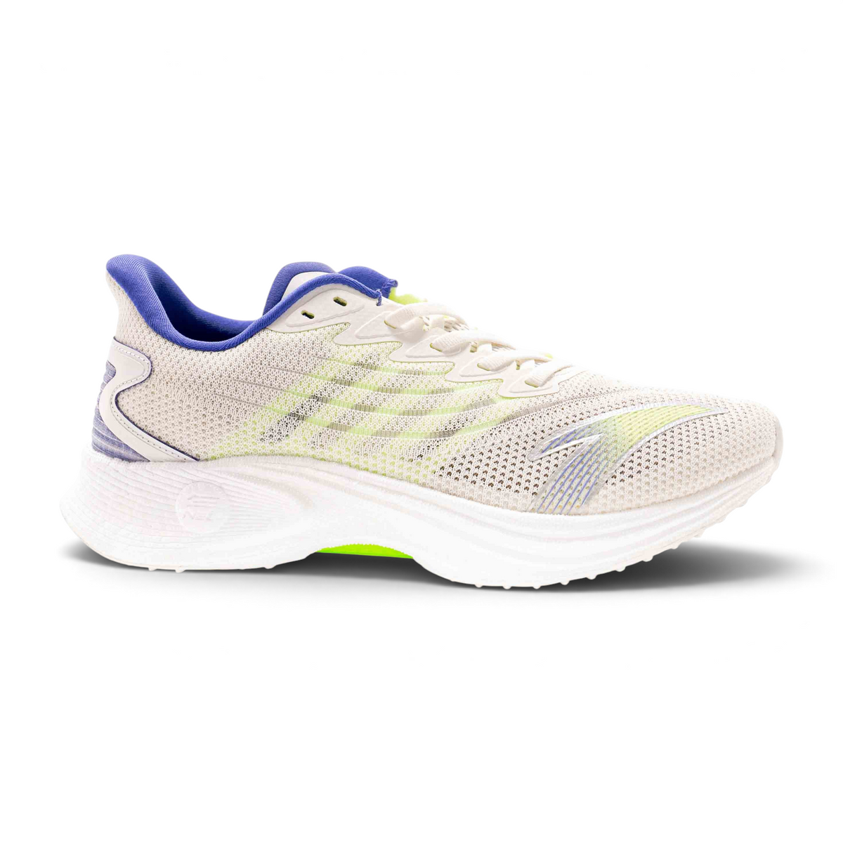 FRG running shoes in off-white mesh with purple collar and lime green accents, featuring a thick cushioned sole.