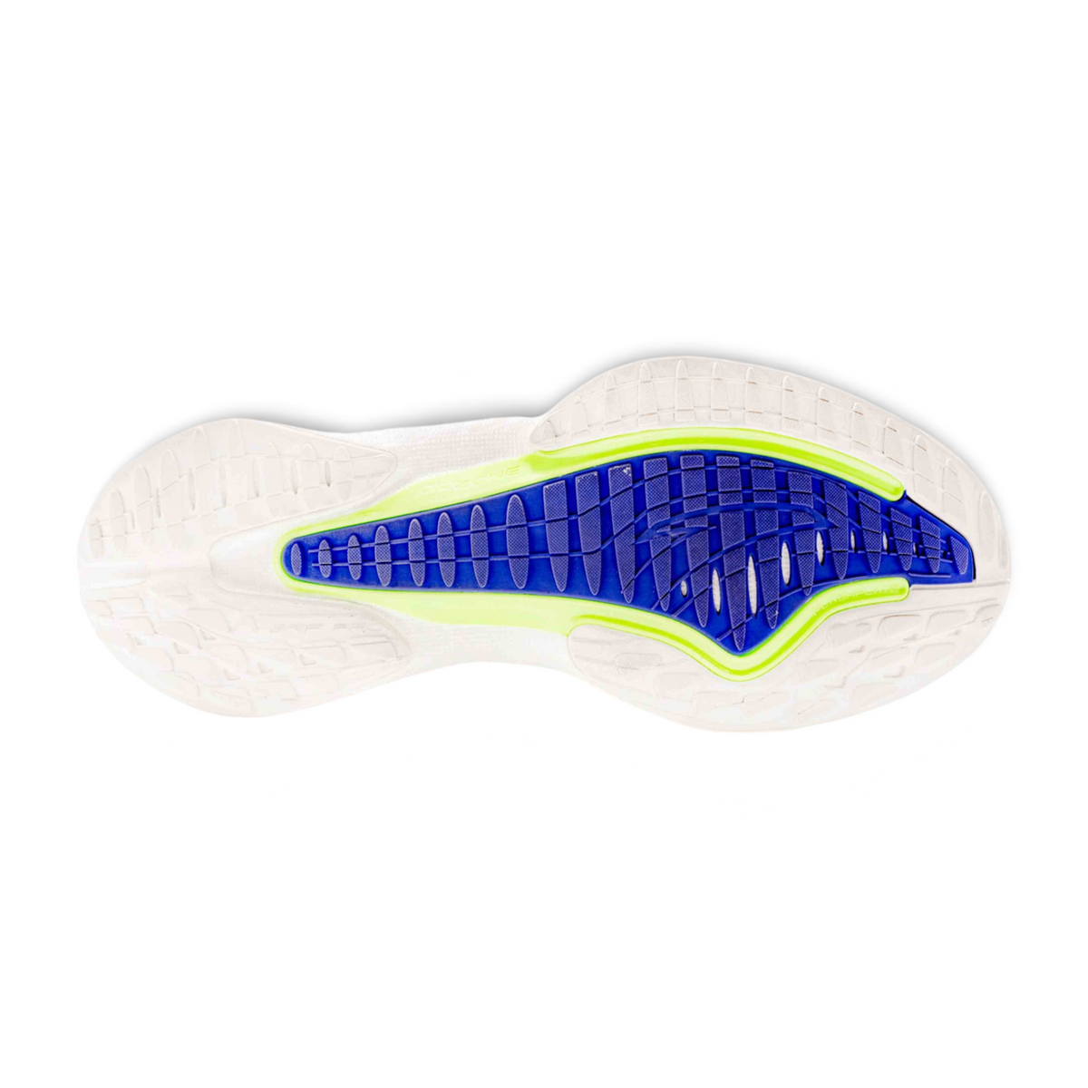 FRG running shoes featuring a white textured outsole with a blue and neon green performance grip plate