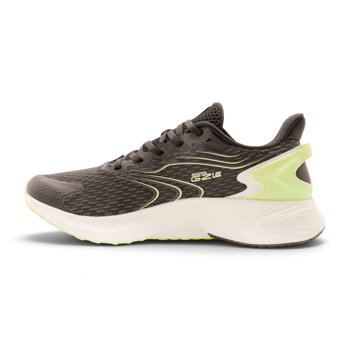 FRG running shoes in dark grey with lime green accents, featuring a breathable mesh upper and cushioned white sole.