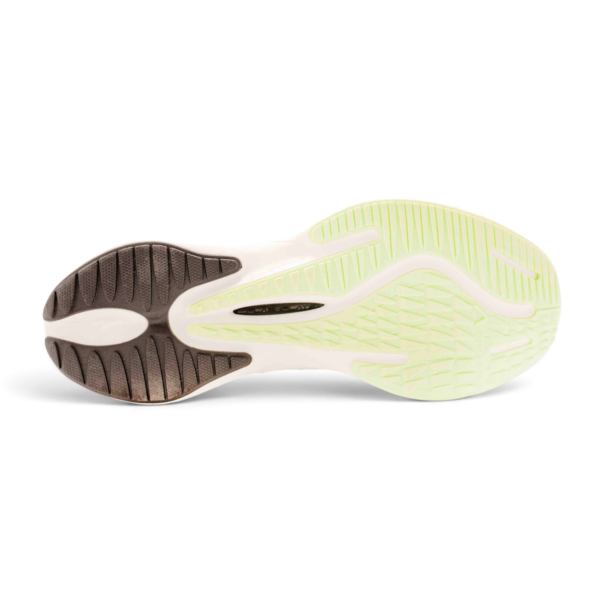 FRG running shoe outsole featuring a light green and dark grey rubber tread pattern for traction