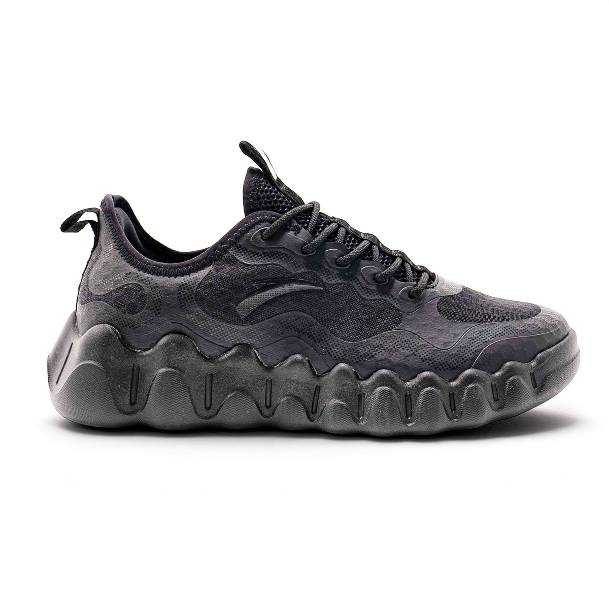 FRG men's black lifestyle outdoor shoes with a textured mesh upper and a chunky, wavy-patterned rubber sole.