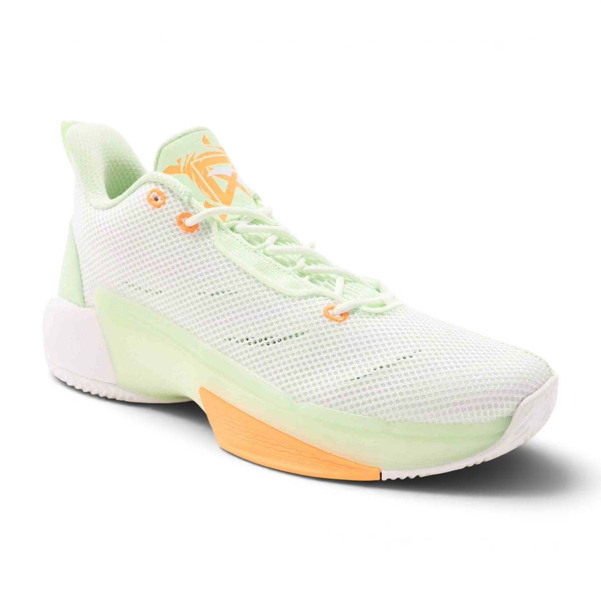FRG men's basketball shoes in white and light green mesh with orange accents and a durable performance sole