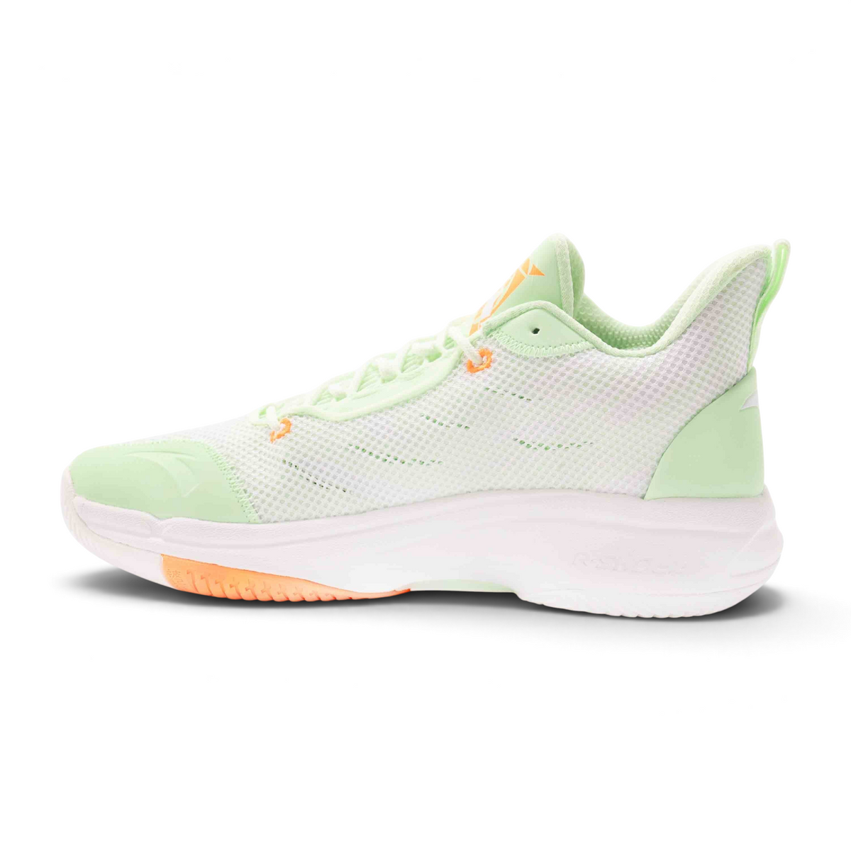 FRG men's basketball shoes in light green and white mesh with orange accents and a durable rubber sole