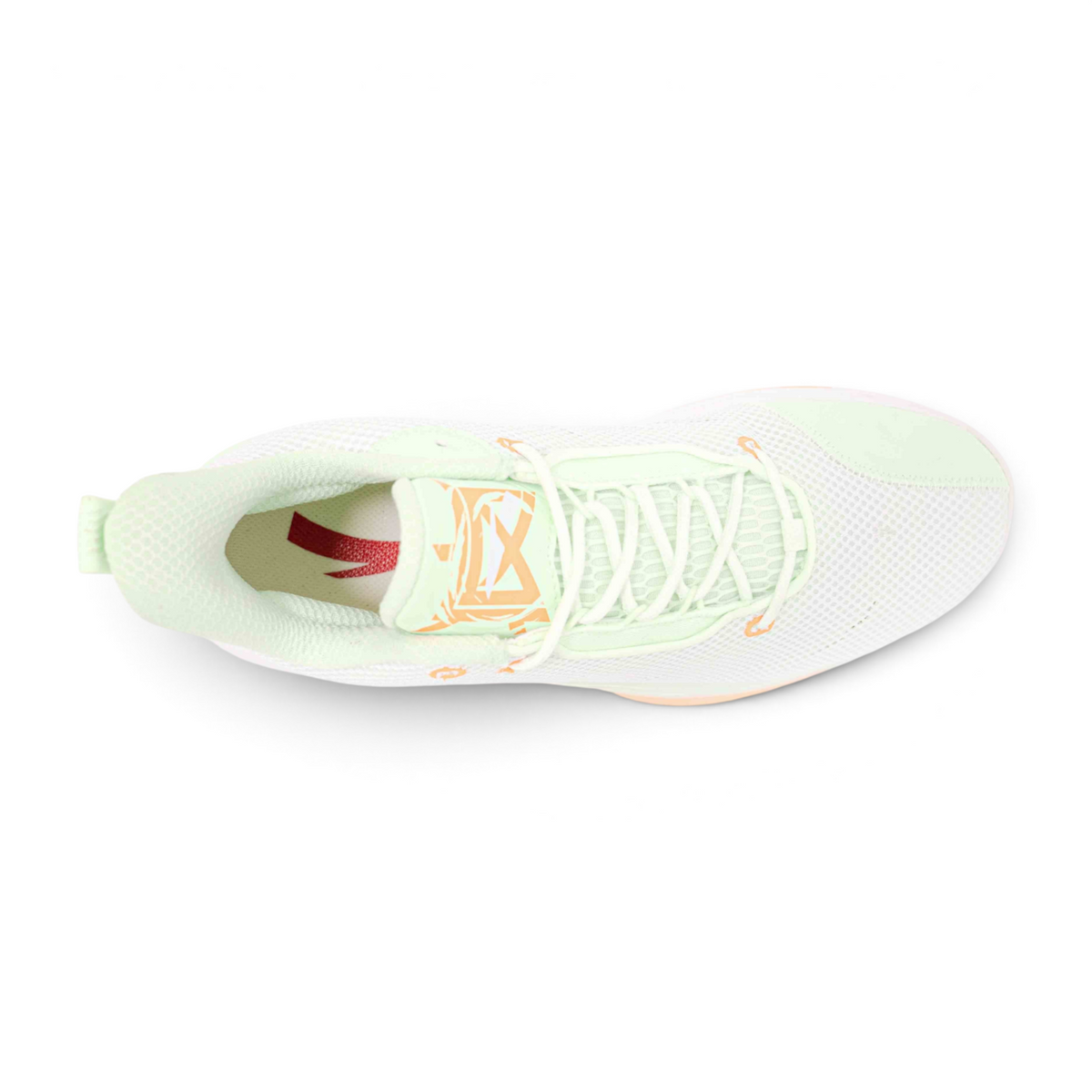 FRG men's basketball shoes in light mint green and white mesh with orange accents, top-down view