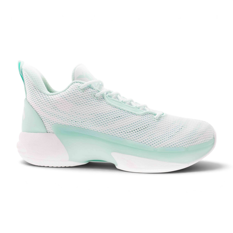 FRG basketball shoes in mint green and white with a breathable mesh upper and supportive rubber sole