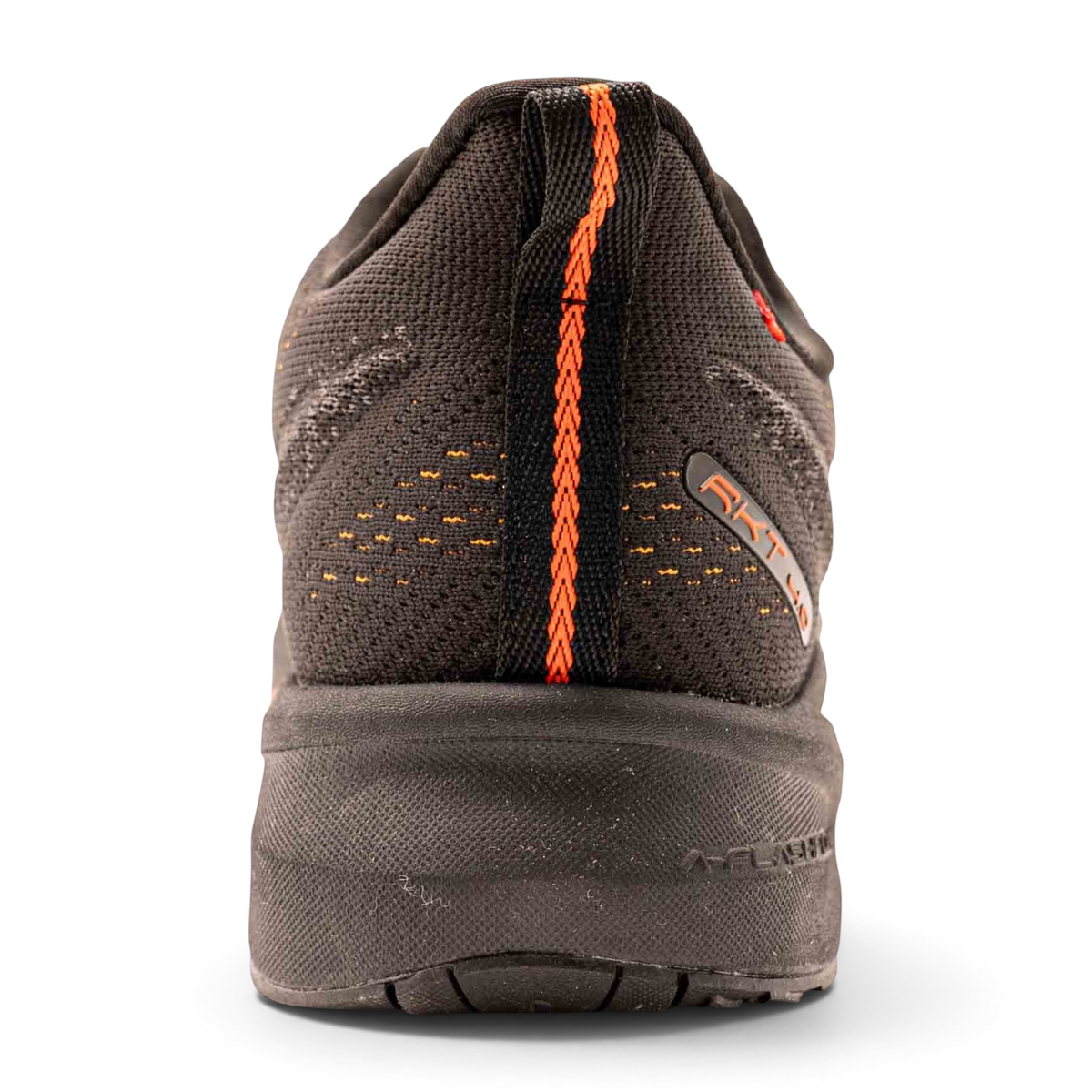 FRG men's black running shoes with orange accents and textured knit upper, rear view showing heel detail