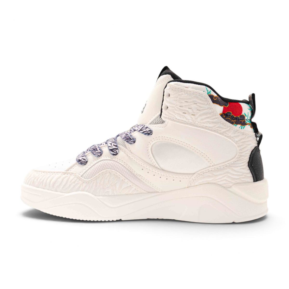 FRG X-GAME high-top sneakers in white with textured panels and patterned laces against a white background