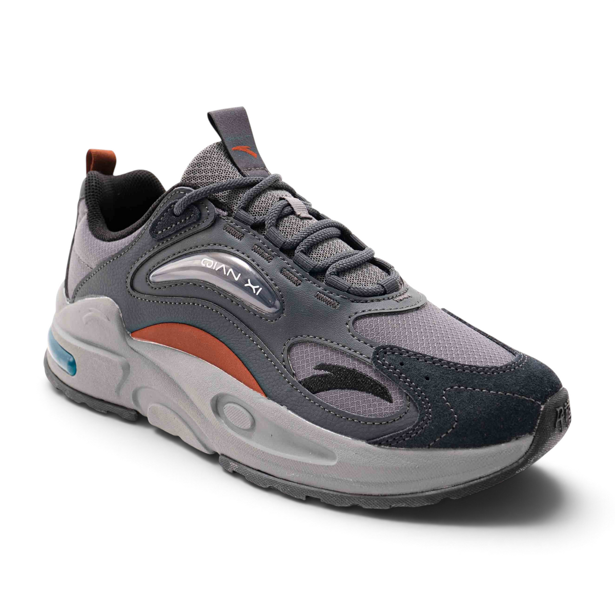 FRG casual sneakers in grey and charcoal with mesh panels, suede overlays, and orange accents on a thick rubber sole