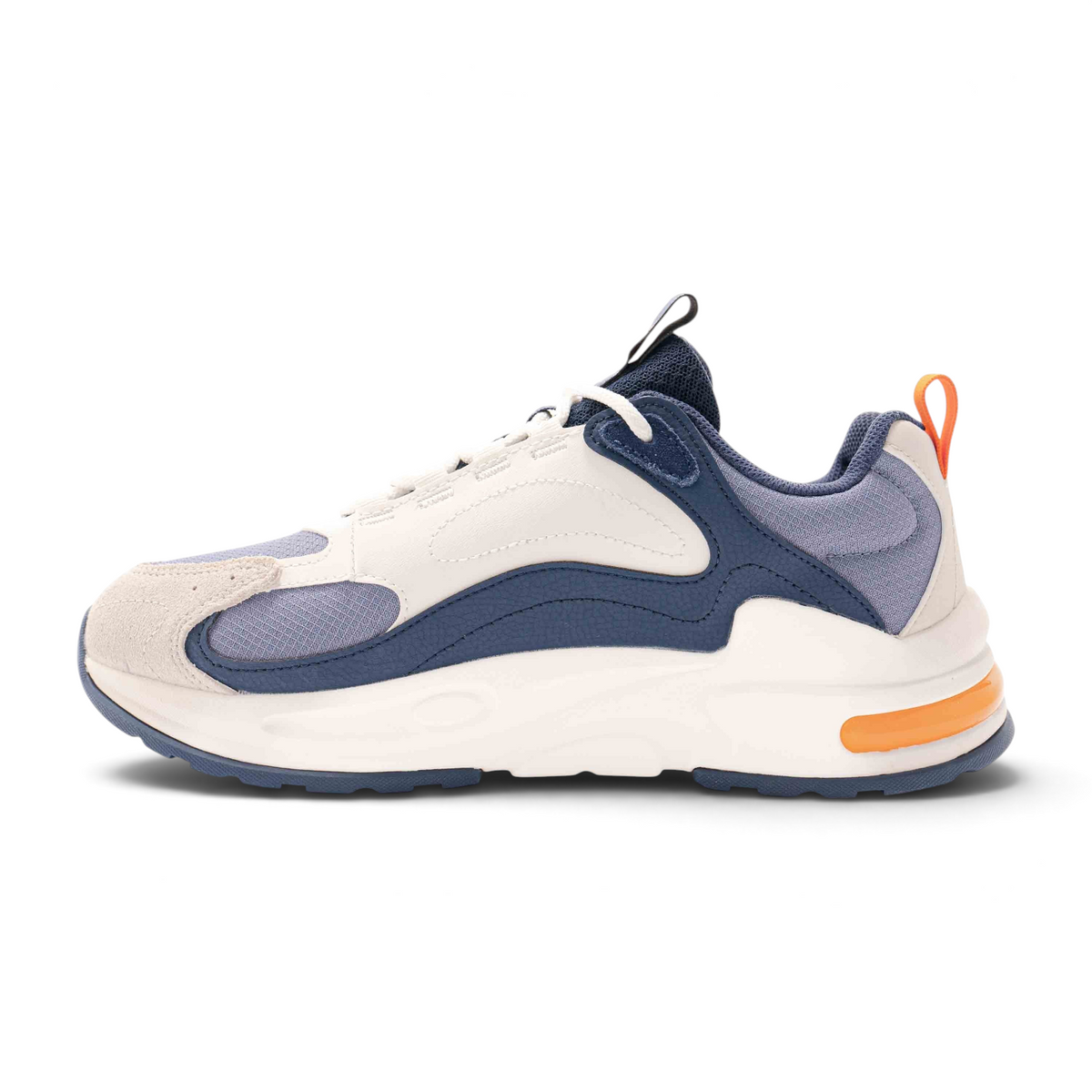 FRG casual shoes featuring a multi-textured design in navy blue, cream, and bright orange accents