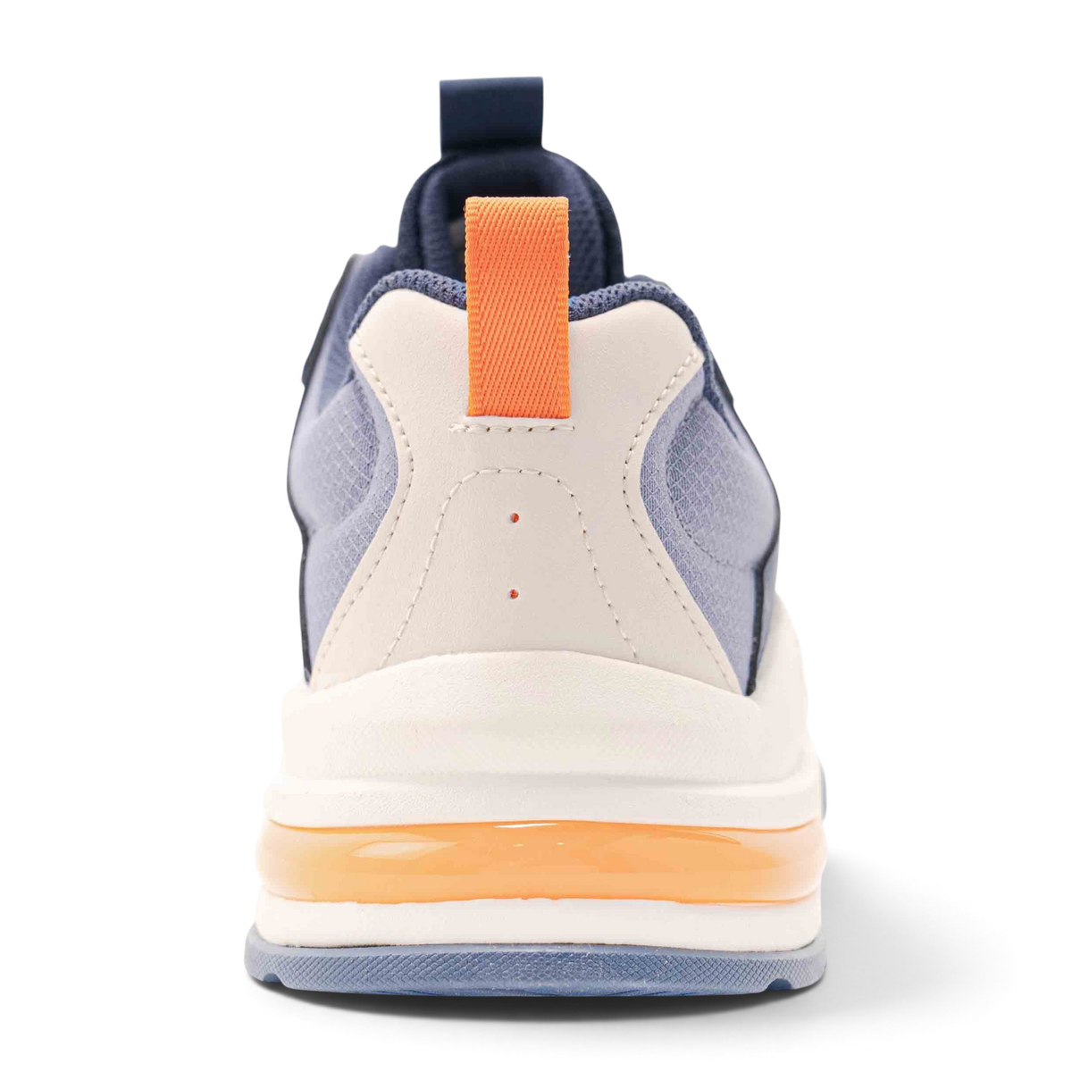Rear view of FRG casual shoes featuring a blue mesh upper, beige heel panel, and vibrant orange pull tab and sole.