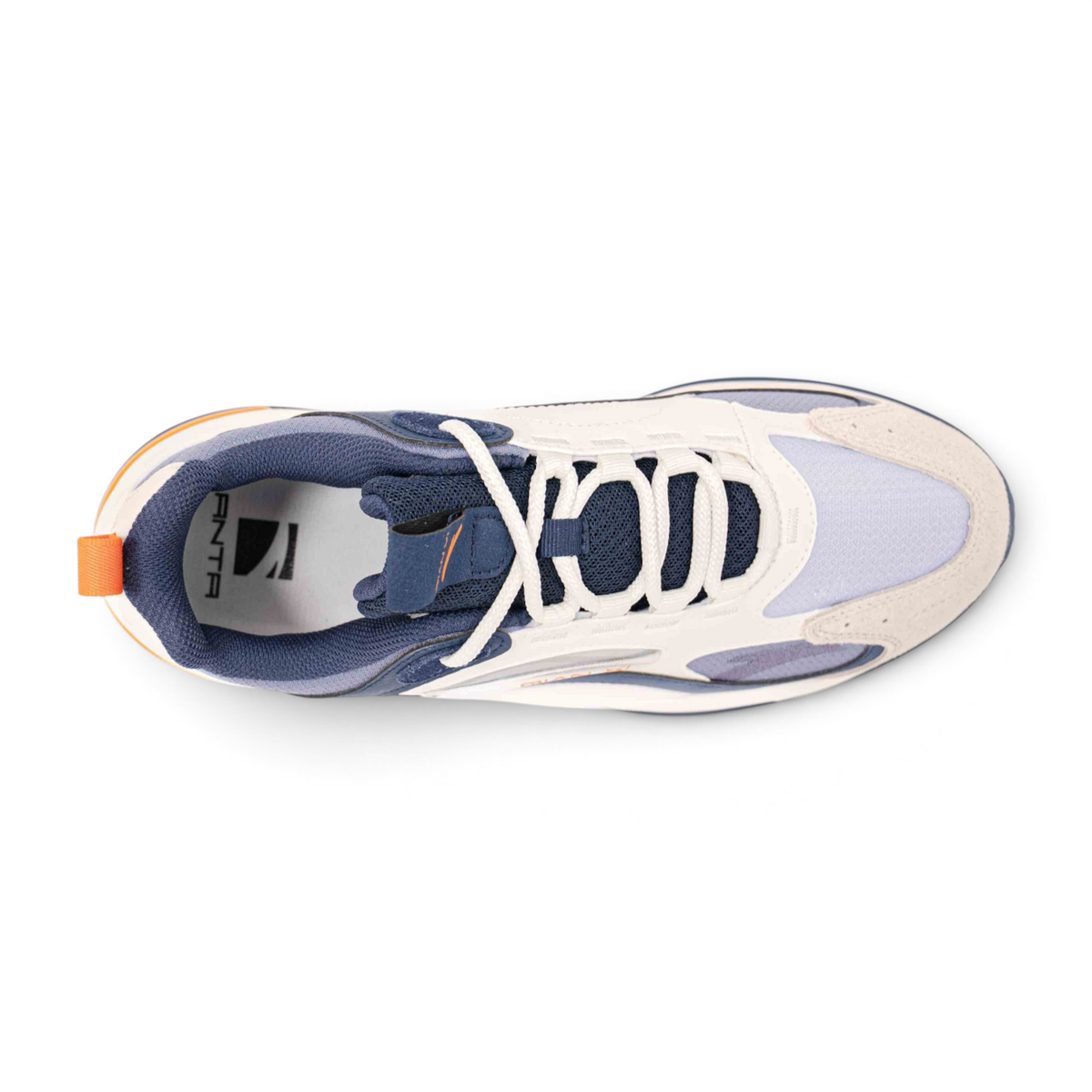 FRG casual shoes featuring a cream and navy blue mesh and suede upper with orange accents in a top-down view.