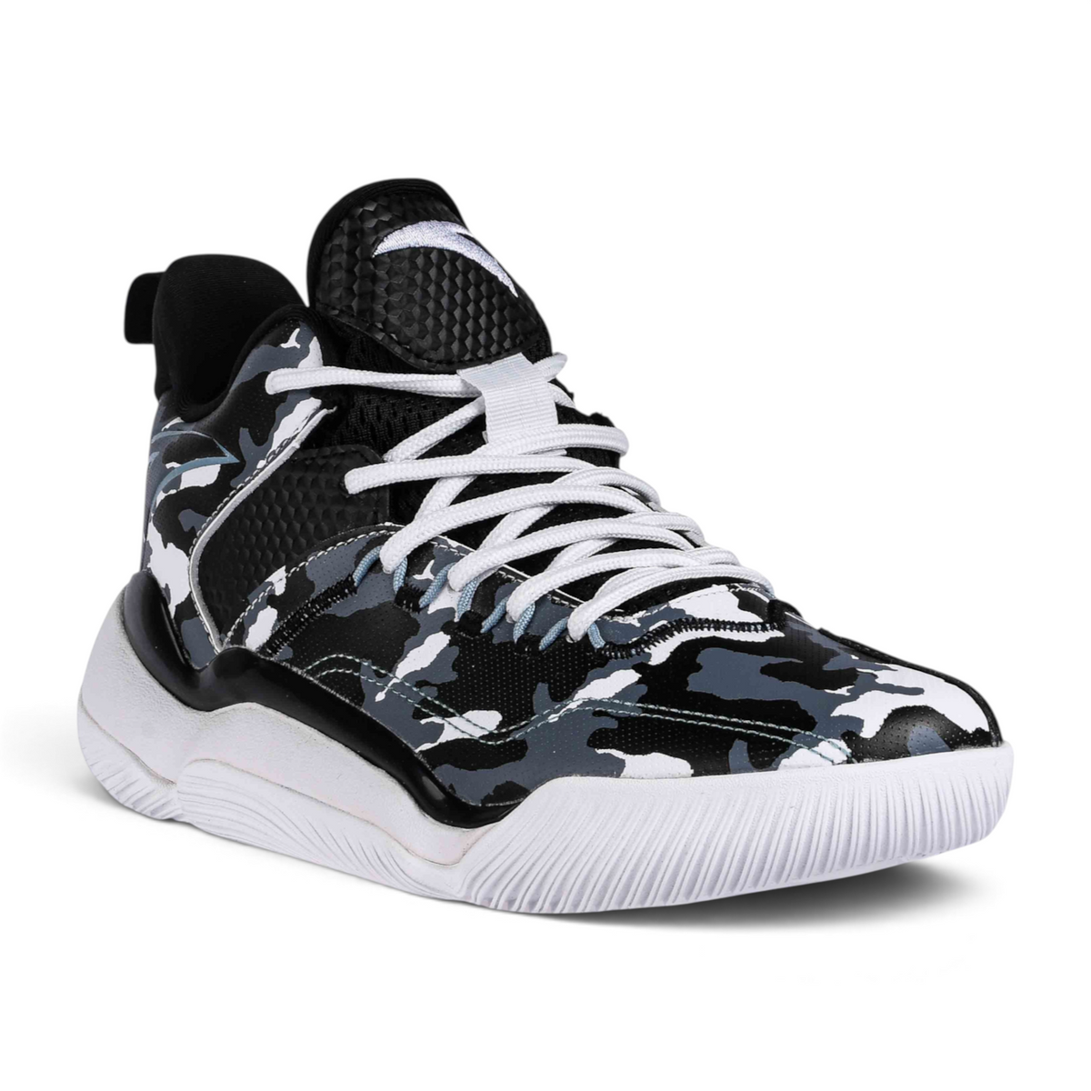FRG basketball shoes featuring a black, white, and grey camouflage pattern with white laces and a durable rubber sole.
